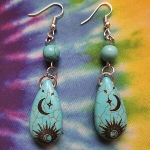 Handmade Boho Celestial Sun Moon Turquoise Dangle Earrings